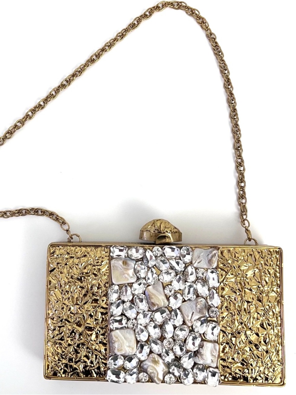 Ramla Bag Arya Opaline Mother of Pearl Clutch Handmade Crystal Gold NEW